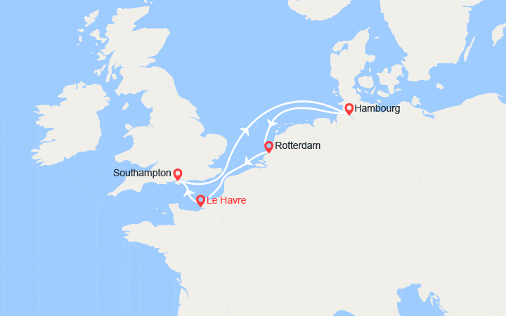 Carte itinéraire croisière Royaume-Uni, Allemagne, Pays-Bas, France
