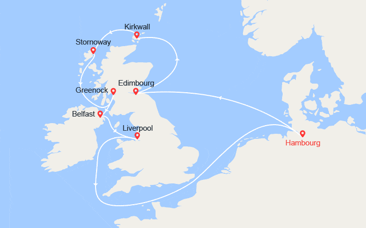 Carte itinéraire croisière Royaume-Uni, Écosse, Irlande du Nord