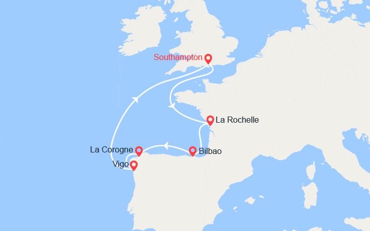 Carte itinéraire croisière Royaume-Uni, France, Espagne