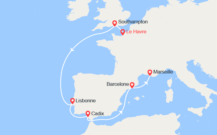 Carte itinéraire croisière Royaume-Uni, Portugal, Espagne