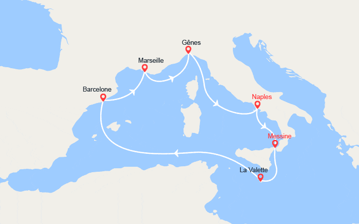Carte itinéraire croisière Sicile, Malte, Espagne, France