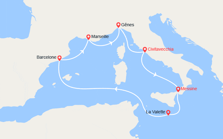 Carte itinéraire croisière Sicile, Malte, Espagne, Italie, Provence