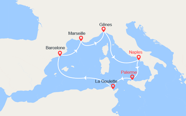 Carte itinéraire croisière Sicile, Tunisie, Barcelone, Provence