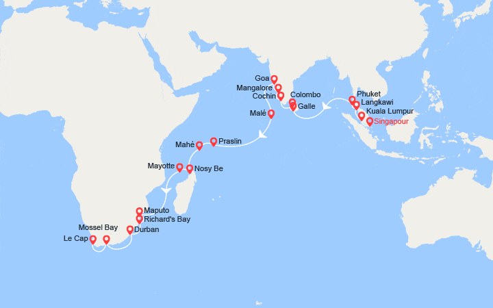 Carte itinéraire croisière Singapour à Le Cap