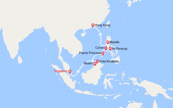 Carte itinéraire croisière Singapour, Malaisie, Brunei, Philippines, Chine
