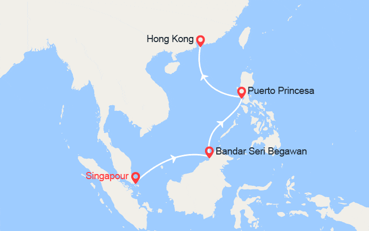 Carte itinéraire croisière Singapour, Philippines, Chine