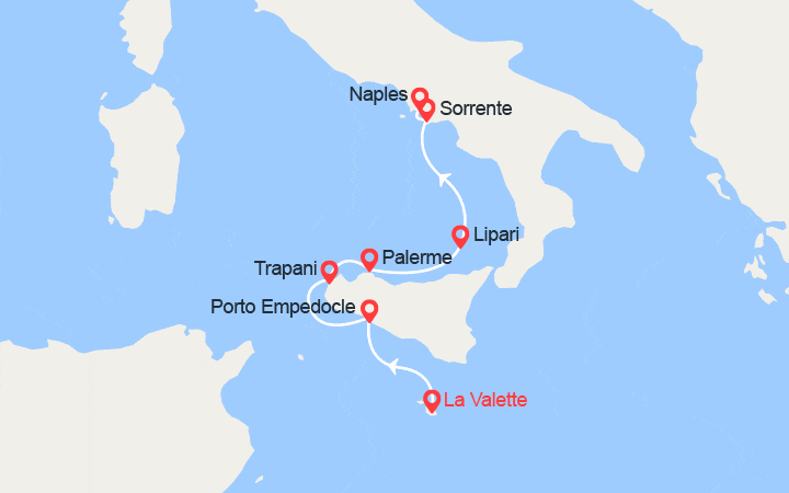 Carte itinéraire croisière Soleils de Sicile et délices d’Amalfi