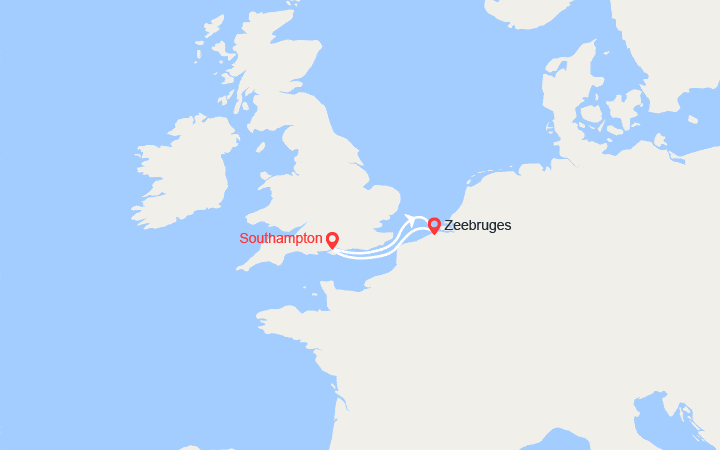 Carte itinéraire croisière Southampton, Bruges, Southampton