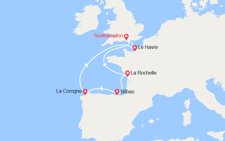 Carte itinéraire croisière Southampton, La Rochelle, La Corogne, Bilbao, Le Havre