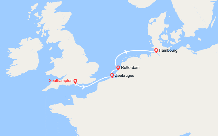 Carte itinéraire croisière Southampton, Zeebruge, Rotterdam, Hambourg