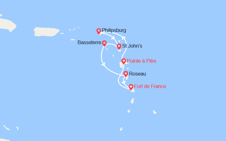 Carte itinéraire croisière St Martin, Antigua, Barbade, Dominique
