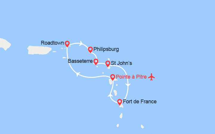 Carte itinéraire croisière St Martin, St Kitts, Antigua... - Vols inclus