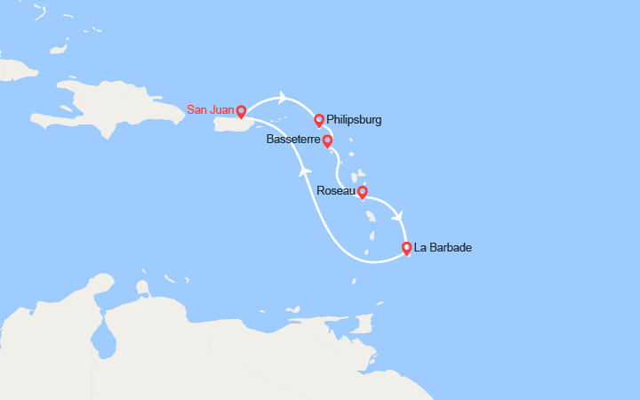 Carte itinéraire croisière St Martin, St Kitts et Nevis, La Dominique, La Barbade