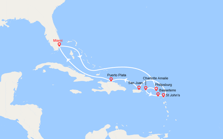 Carte itinéraire croisière St Martin, St Thomas, St Kitts, Antigua, Porto Rico, Rép. Dominicaine