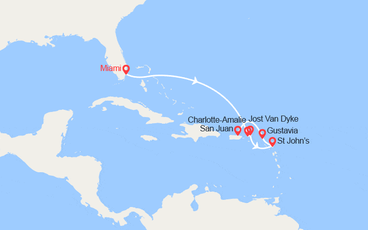 Carte itinéraire croisière St Thomas, îles Vierges, St Barthélemy, Antigua et Barbuda, Porto Rico