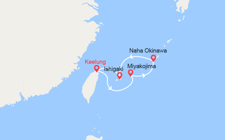 Carte itinéraire croisière Taïwan, Japon : Miyako, Naha, Ishigaki
