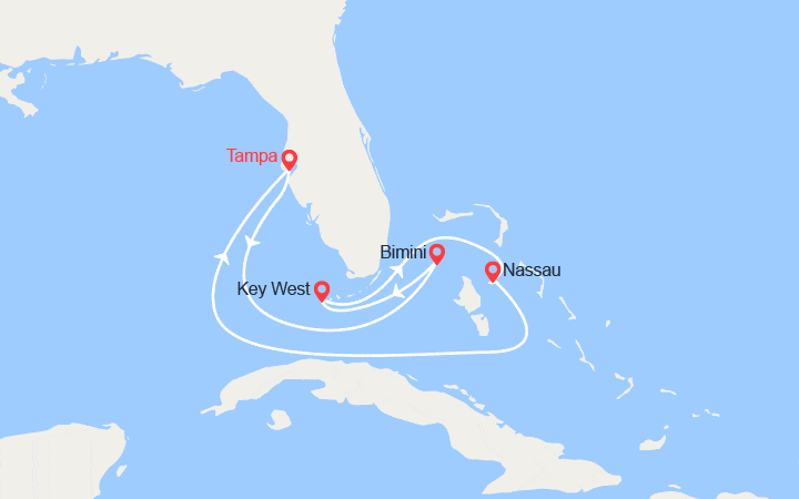 Carte itinéraire croisière Tampa, Bimini, Nassau