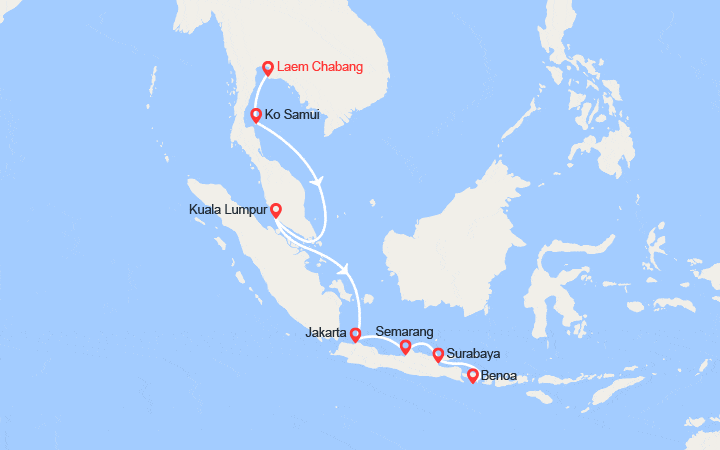 Carte itinéraire croisière Thaïlande, Malaisie, Indonésie
