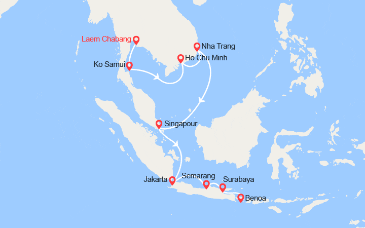 Carte itinéraire croisière Thaïlande, Vietnam, Japon, Chine, Indonésie