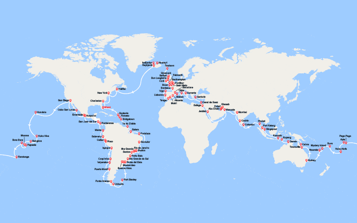 Carte itinéraire croisière Tour du Monde 2026