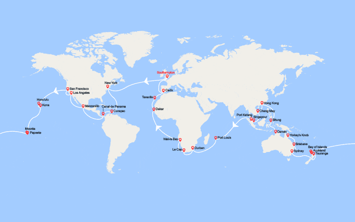 Carte itinéraire croisière Tour du Monde 2026