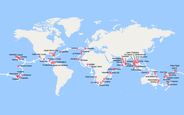 Carte itinéraire croisière Tour du Monde 2026