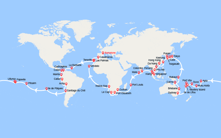 Carte itinéraire croisière Tour du Monde 2026 au départ de Barcelone