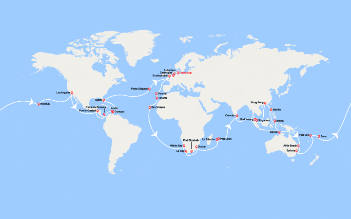 Carte itinéraire croisière Tour du monde 2026 au départ de Hambourg