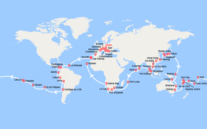 Carte itinéraire croisière Tour du Monde 2026 au départ de Trieste