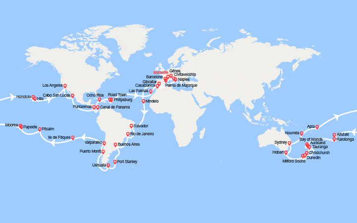Carte itinéraire croisière Tour du Monde 2027 au départ de Marseille