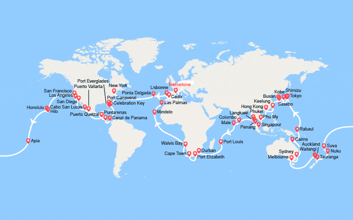Carte itinéraire croisière Tour du Monde 2028 au départ de Barcelone