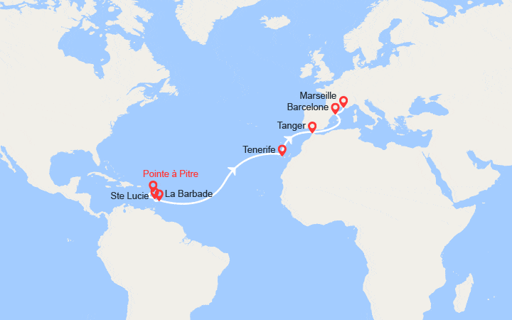 Carte itinéraire croisière Transatlantique : Antilles, Canaries, Maroc, Espagne, France
