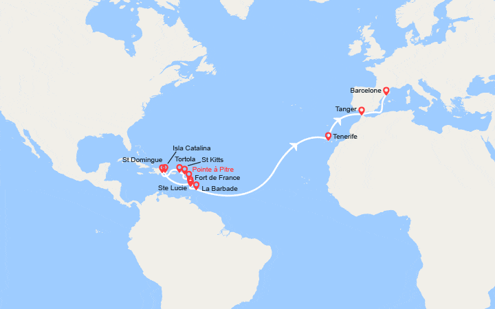 Carte itinéraire croisière Transatlantique : Antilles, îles Vierges, Canaries, Maroc, Espagne