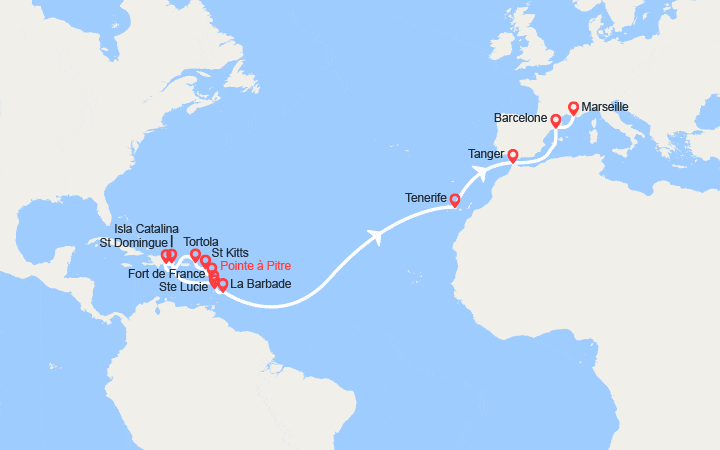 Carte itinéraire croisière Transatlantique : Antilles, îles Vierges, Canaries, Maroc, Espagne, France