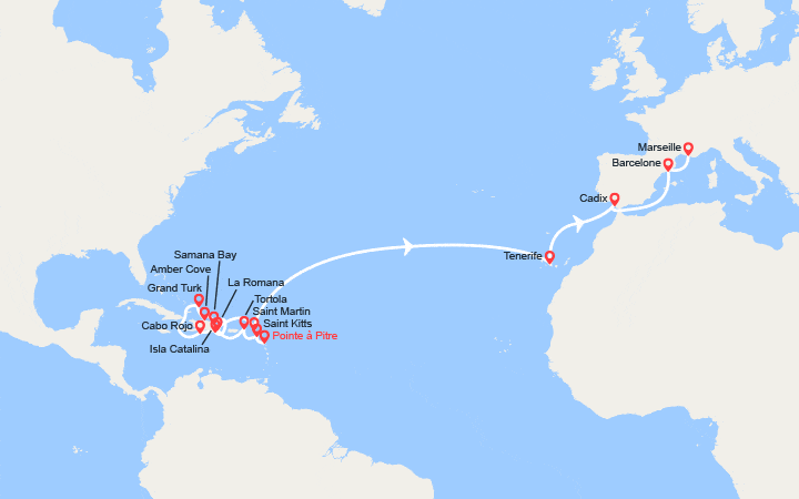Carte itinéraire croisière Transatlantique : Antilles, îles Vierges, Rép. Dominicaine, îles Turks et Caïques, Canaries, Espagne, France