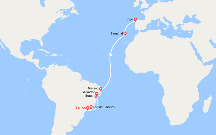 Carte itinéraire croisière Transatlantique : Brésil - Espagne