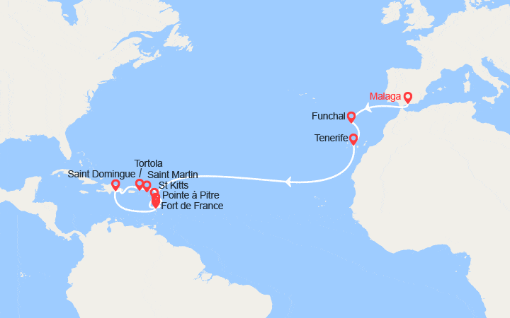 Carte itinéraire croisière Transatlantique : d'Espagne aux îles Vierges