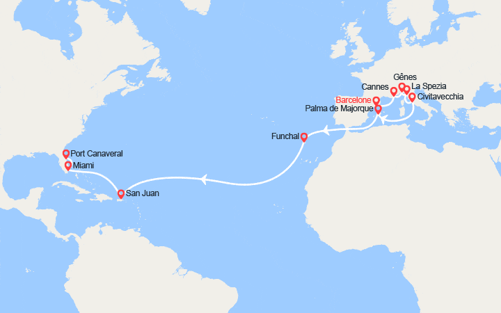 Carte itinéraire croisière Transatlantique : d'Espagne en Floride