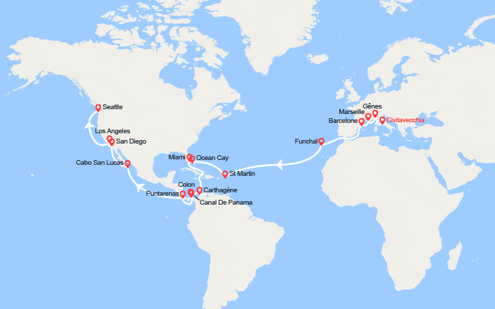 Carte itinéraire croisière Transatlantique : d'Italie à Washington