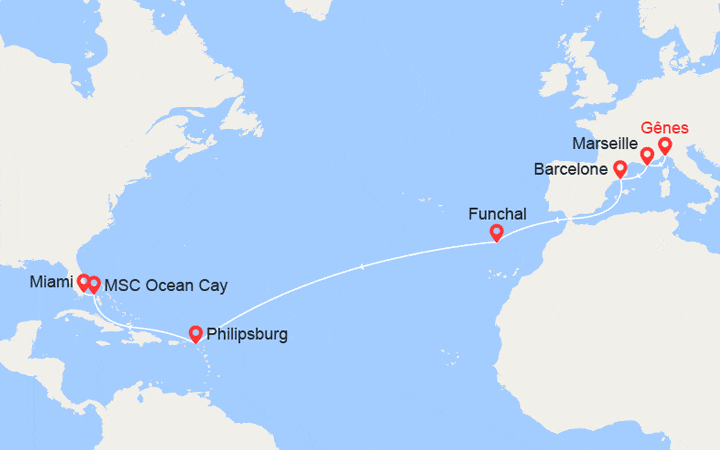 Carte itinéraire croisière Transatlantique : d'Italie en Floride