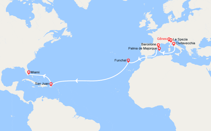 Carte itinéraire croisière Transatlantique : d'Italie en Floride