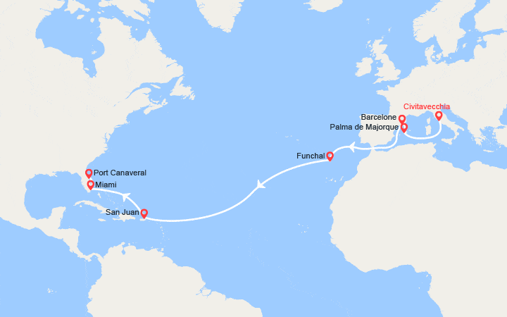 Carte itinéraire croisière Transatlantique : d'Italie en Floride