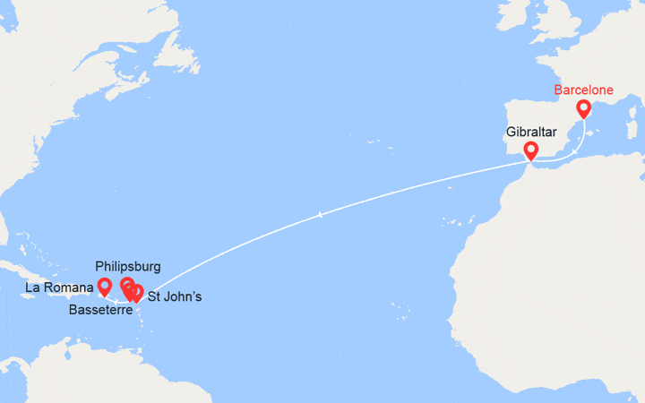 Carte itinéraire croisière Transatlantique : de Barcelone à La Romana