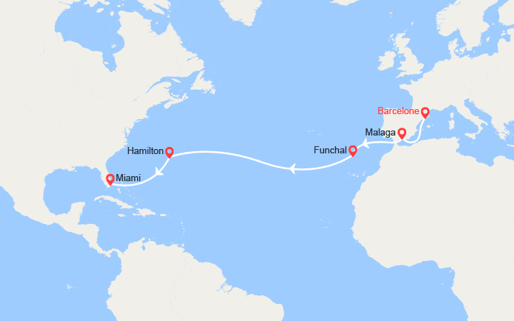 Carte itinéraire croisière Transatlantique : de Barcelone à Miami