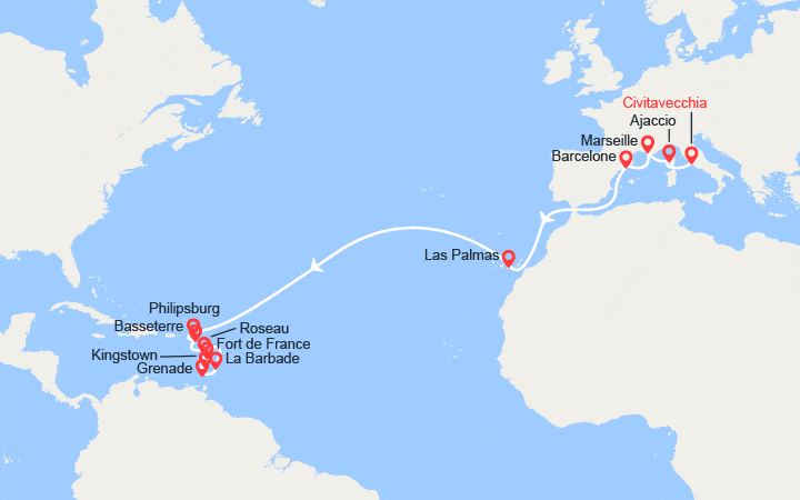 Carte itinéraire croisière Transatlantique : de Civitavecchia à la Martinique