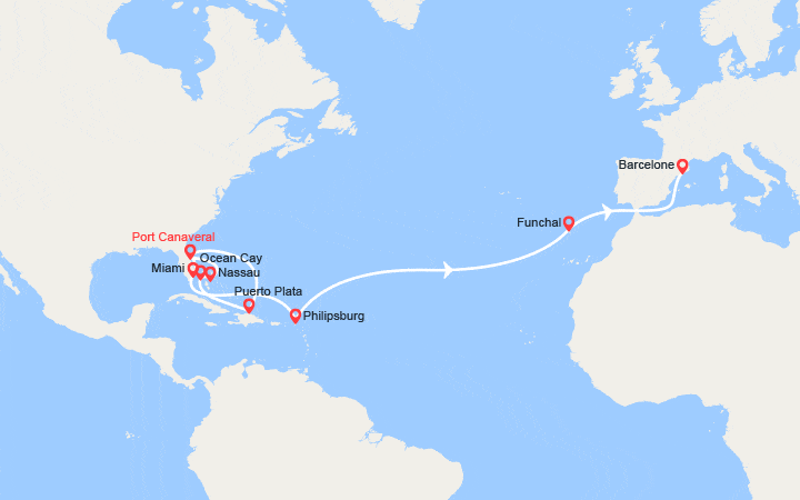 Carte itinéraire croisière Transatlantique : de Floride en Espagne