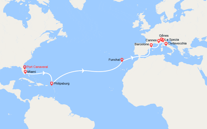 Carte itinéraire croisière Transatlantique : de Floride en Italie