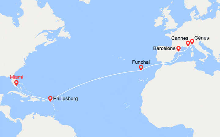 Carte itinéraire croisière Transatlantique : de Floride en Italie