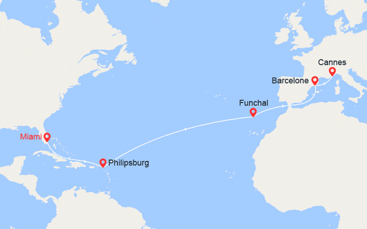 Carte itinéraire croisière Transatlantique : de Floride en Provence
