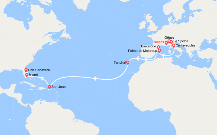 Carte itinéraire croisière Transatlantique : de France en Floride